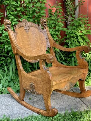 Victorian Era American Qtr.  Sawn Oak Rocking Chair With Carved Lions,  Rj Horner