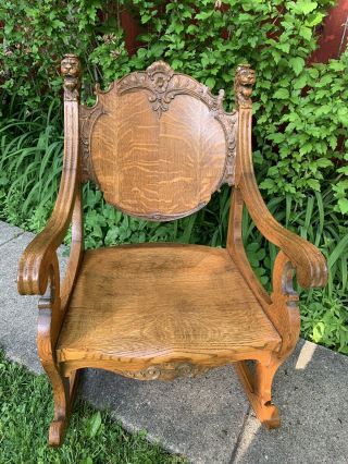 Victorian Era American Qtr.  Sawn Oak Rocking Chair With Carved Lions,  Rj Horner 2