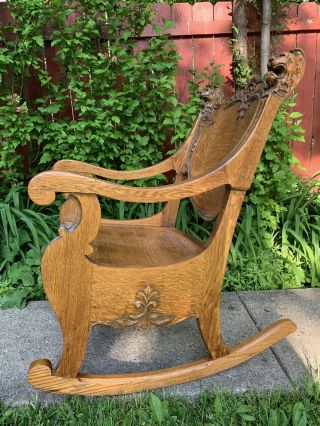 Victorian Era American Qtr.  Sawn Oak Rocking Chair With Carved Lions,  Rj Horner 3