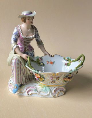 Large Antique Meissen German Porcelain Lady Figurine Flower Encrusted Basket