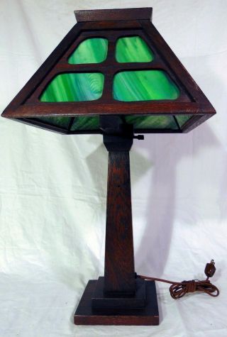 Mission Oak Arts And Crafts Table Lamp Green Slag Glass