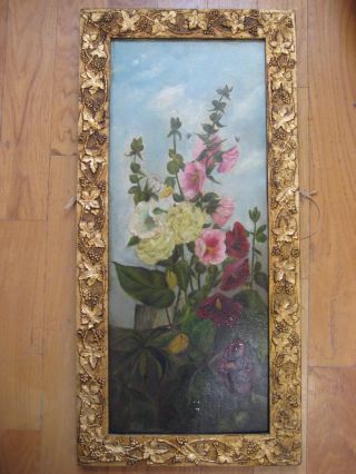 Fine Antique 19c.  Victorian Oil Painting Hollyhocks Garden Bees American Vintage