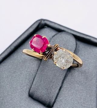 Antique 14k Rose Gold.  53ct Old Mine Cut Diamond And Ruby Ring