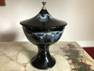 Vtg Mcm Royal Haeger Pottery Black Atomic Drip Glaze Covered Candy Compote Dish