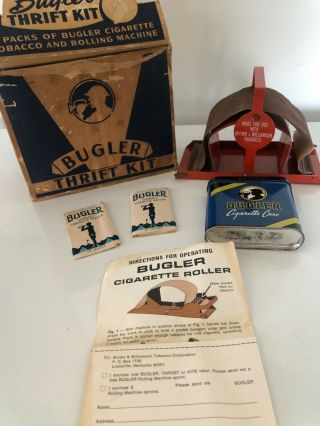 Vintage Bugler Cigarette Thrift Kit Roller Machine Tobacco Tin Gummed Papers