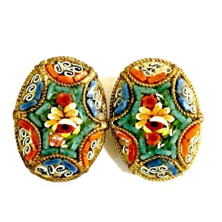 Vintage Italian Micro Mosaic Oval Glass Tile Flower Clip Earrings Pair Gold Tone