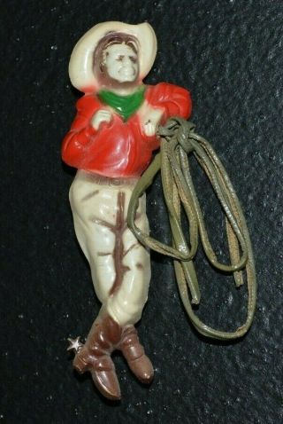 Vintage Cowboy With Rope Lasso And Spurs Pin Celluloid Bakelite Plastic Western