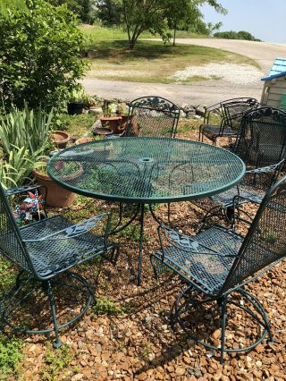Vintage Sunbeam Wrought Iron Patio 48” Table 4 Rockers Swivel Chairs Rare