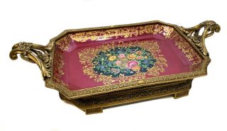Large Chinese Hand Painted Porcelain Gilt Bronze Mounted Twin Handle Tray