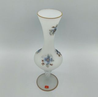 Vintage Italian Satin Glass Pedestal Vase Blue Floral Made In Italy