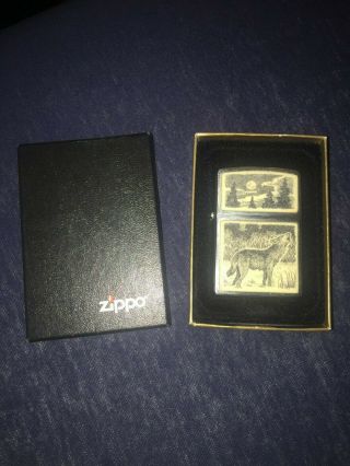 Vintage Polished Chrome Zippo Lighter With Howling Wolf