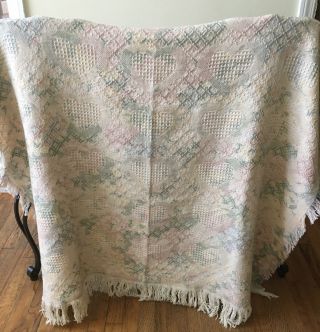 Vintage Woven Cotton Throw Blanket Pastel Floral Hearts Green Pink Yellow