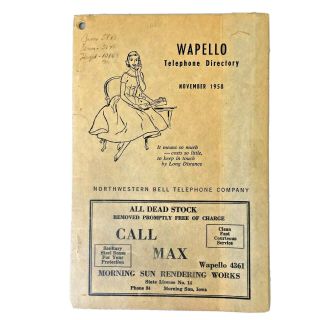 1958 Vintage Phone Book Wapello Ia Northwestern Bell Telephone Company Directory