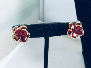 Vtg.  Ruby Red Bezel Crystal Gold Tone Flowers 3 - D Pierced Earrings