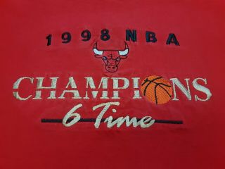 Vtg 90s 1998 Nba Chicago Bulls 6 Time Champions Embroidered T Shirt Red X - Large