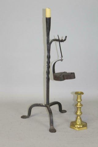 A Very Rare 18th C American Wrought Iron Candleholder W/ Rare Betty Lamp Hook