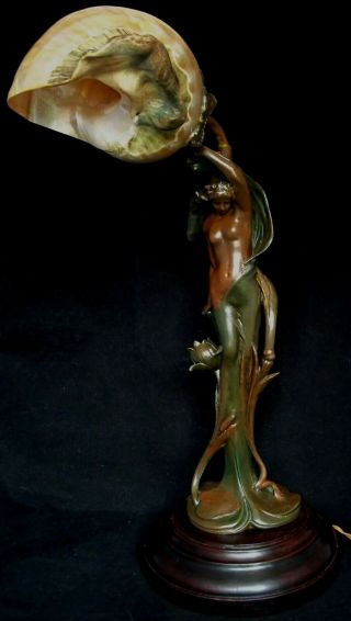 Vintage Art Nouveau Figural Nymph Table Lamp With Natural Nautilus Shade C.  1910