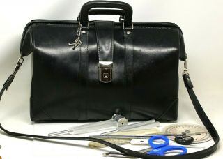 Vintage Black Leather Doctors Bag with Some Doctor Tools 2