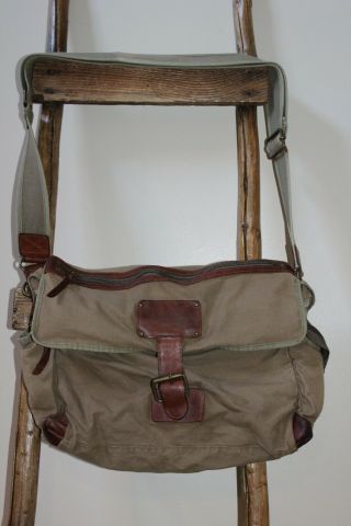 Vintage Canvas Leather Cross Body Field Bag Pack Hunting Zip Pockets Distressed