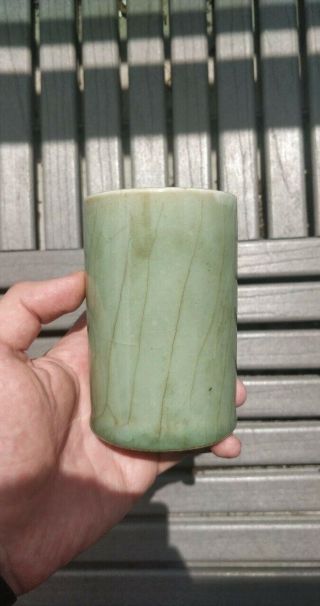Antique Chinese Porcelain Longquan Celadon Crackle Glazed Brush Pot 2
