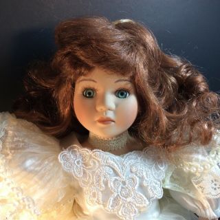 Vintage Porcelain Doll Victorian Ballerina Auburn Curls Pearls Lace Exc Cond