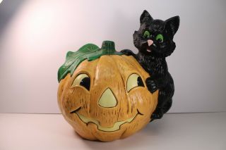 Vintage Large Hand Painted Ceramic Pumpkin Black Cat Halloween Hobbyist No Light