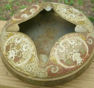 Vintage Art Deco Brass Bowl Ashtray Floral Etched Multi Color