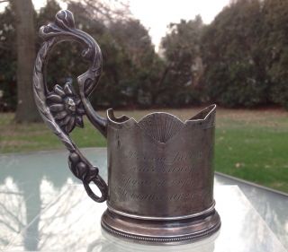 RUSSIAN SILVER TEA GLASS HOLDER W/ INSCRIPTION TO THE HERO OF WWI AND CIVIL WAR. 3