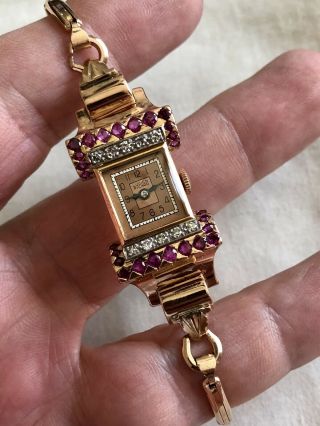 Antique Lucien Piccard Watch 14k Rose Gold Diamond Ruby Art Deco 17j
