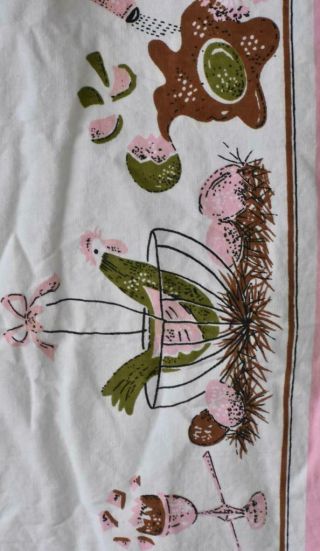 Vintage Mid Century Cotton Tablecloth Chickens Roosters Eggs Pink Green Brown