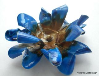Unique Signed Sandor Co Vintage Metal Enamel Flower Pin,  Cobalt Blue,  2.  5 ",  Gift