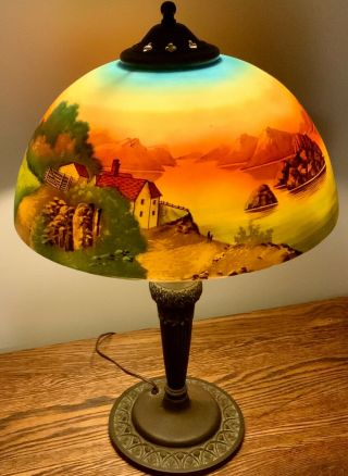 Arts Crafts Mission Antique Table Lamp Reverse Painted Scene On Shade