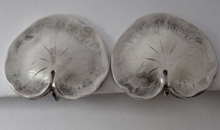 Vintage Art Deco Hand Wrought Sterling Silver Water Lily Pad Earrings
