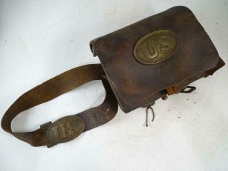 Antique Civil War Leather Ammo Pouch Ammunition Belt Buckle Military Us