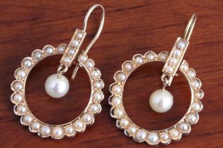 Early 20th Century Antique Pearl & 14k Gold Drop Earrings,  French Hook