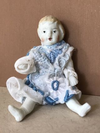 Rare Antique German Baby Doll (2.  5 Inches,  Ca.  1900) W/wicker Baby Carriage