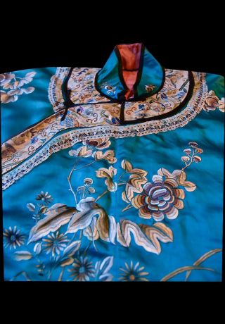 Antique Chinese Blue Silk Colorful Embroidered Floral Motif Robe Vintage