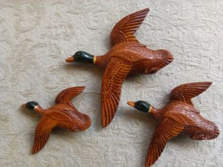 3 Vtg 1940s Syroco Brown Ducks In Flight Molded Wood Resin Wall Hangings 3 Sizes