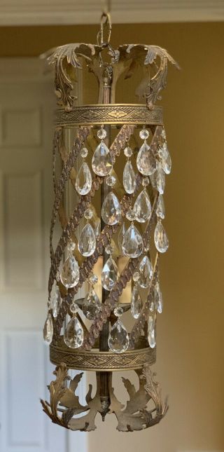 Vintage French Crystal Bronze Brass Lantern Chandelier Hall Ceiling Fixture