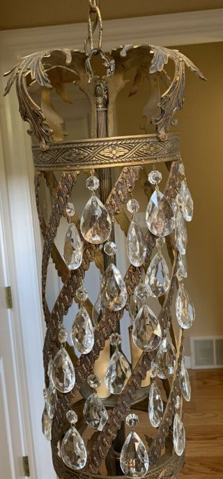 Vintage French Crystal Bronze Brass Lantern Chandelier Hall Ceiling Fixture 2