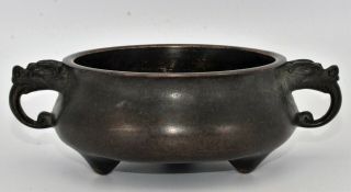 A Chinese Antique Qing Dynasty (19th Century) Twin Dragon Handled Bronze Censer