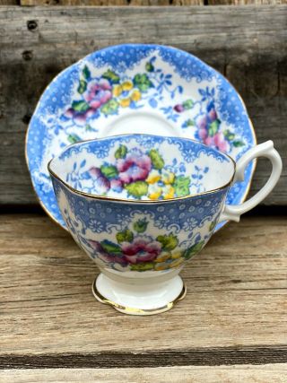 Vintage Royal Albert Lovelace Florals Blue Cup & Saucer England