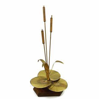 Vtg Brass Copper Metal And Wood Mid Century Modern Cattail Standing Decor