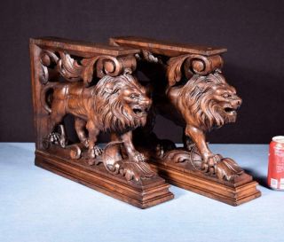 French Antique Solid Oak Wood Statues/pedestals W/lions Highly Carved Salvage