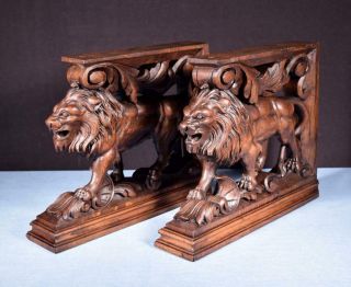 French Antique Solid Oak Wood Statues/Pedestals w/Lions Highly Carved Salvage 3