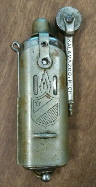 Vintage Trench Art Lighter W/ Shield & Flame - Bowers Mfg Co Kalamazoo Mi -