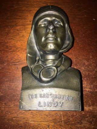 Lucky Lindy Bank Vintage 1928 Charles Lindbergh Metal Bust Bank Grannis Tolton