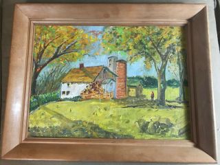 Vintage " Farm And Landscape Scene " Oil On Canvas Board Painting - Framed