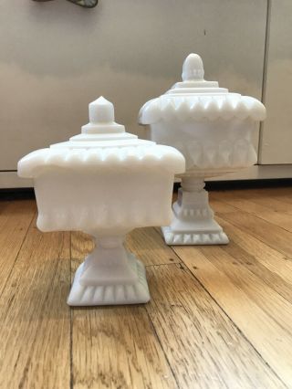 Vintage Milk Glass Square Pedestal Candy Dish With Lids Set Of 2