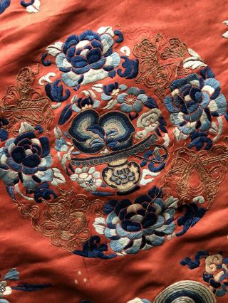 Antique 19thC Chinese Embroidered Silk Robe Flowered Vase Roundels Auspicious 3